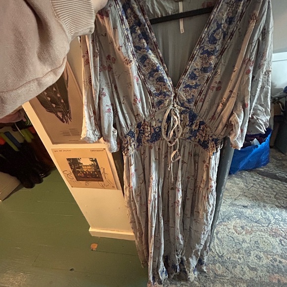 Free People Light Gray Floral Maxi Dress with Blue Border - Picture 3 of 11